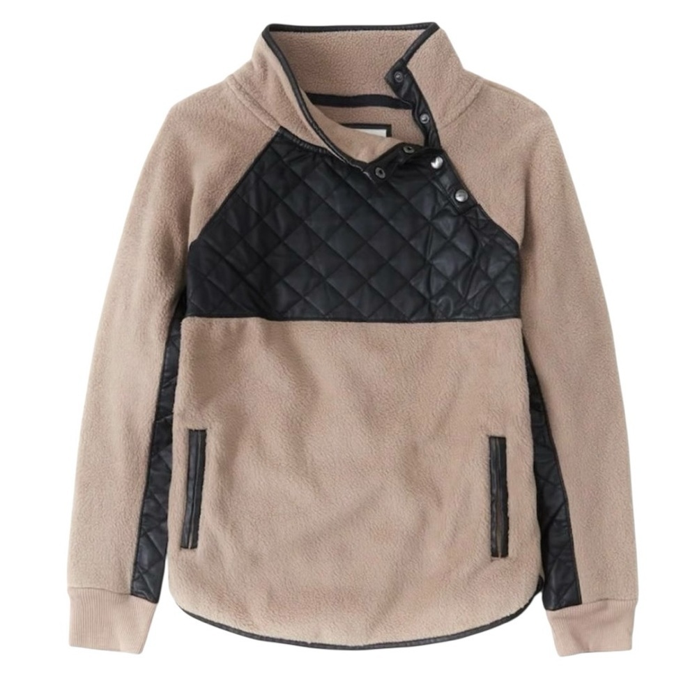 Abercrombie & Fitch Faux Leather Quilted Asymmetric Snap-Up Fleece Sweatshirt M